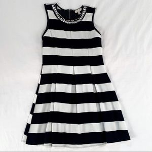 Black/white striped dress with rhinestone neckline